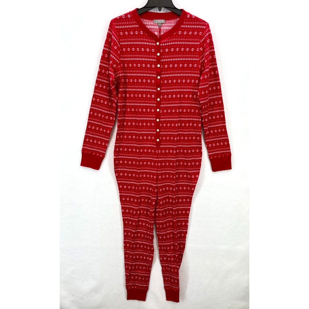 J.Crew Waffe Henley Pajama Suit Fair Isle‎ Women's XL Red Christmas Holiday NWT
